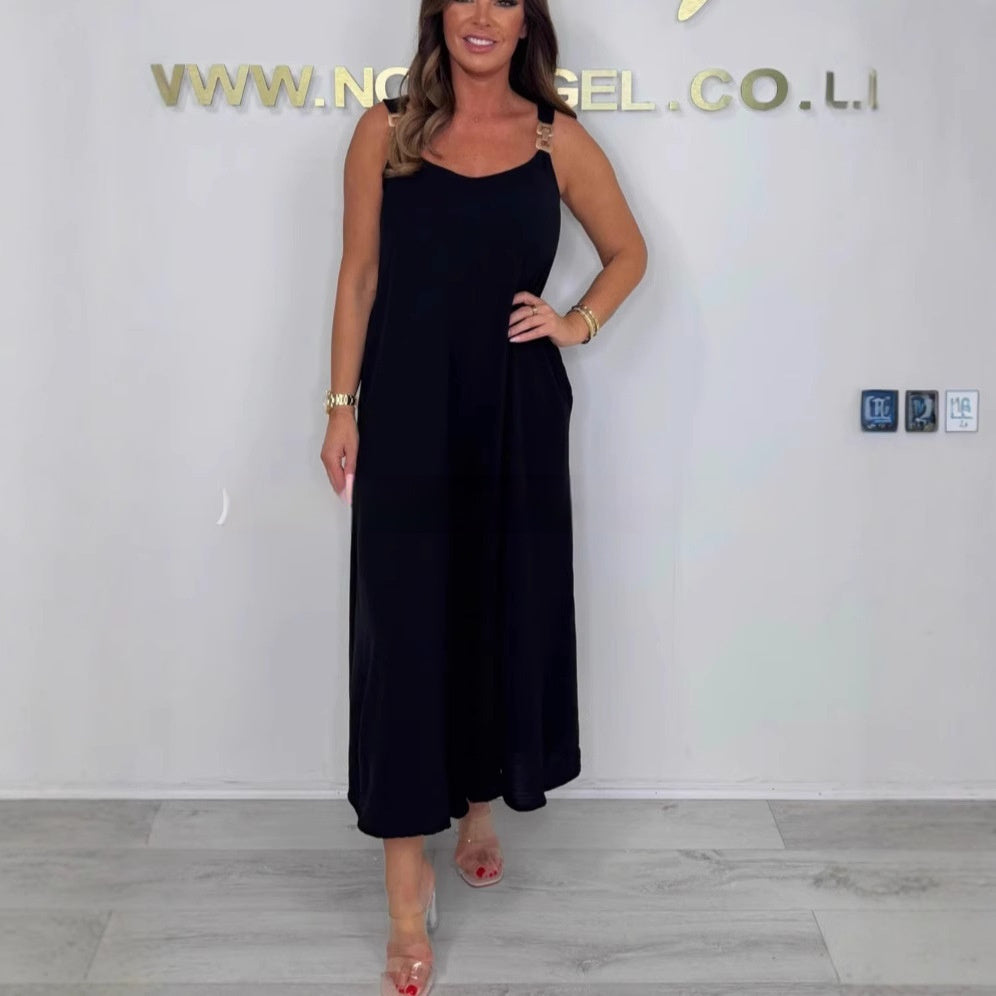 Solid Color Casual Sling Wide Leg Jumpsuit