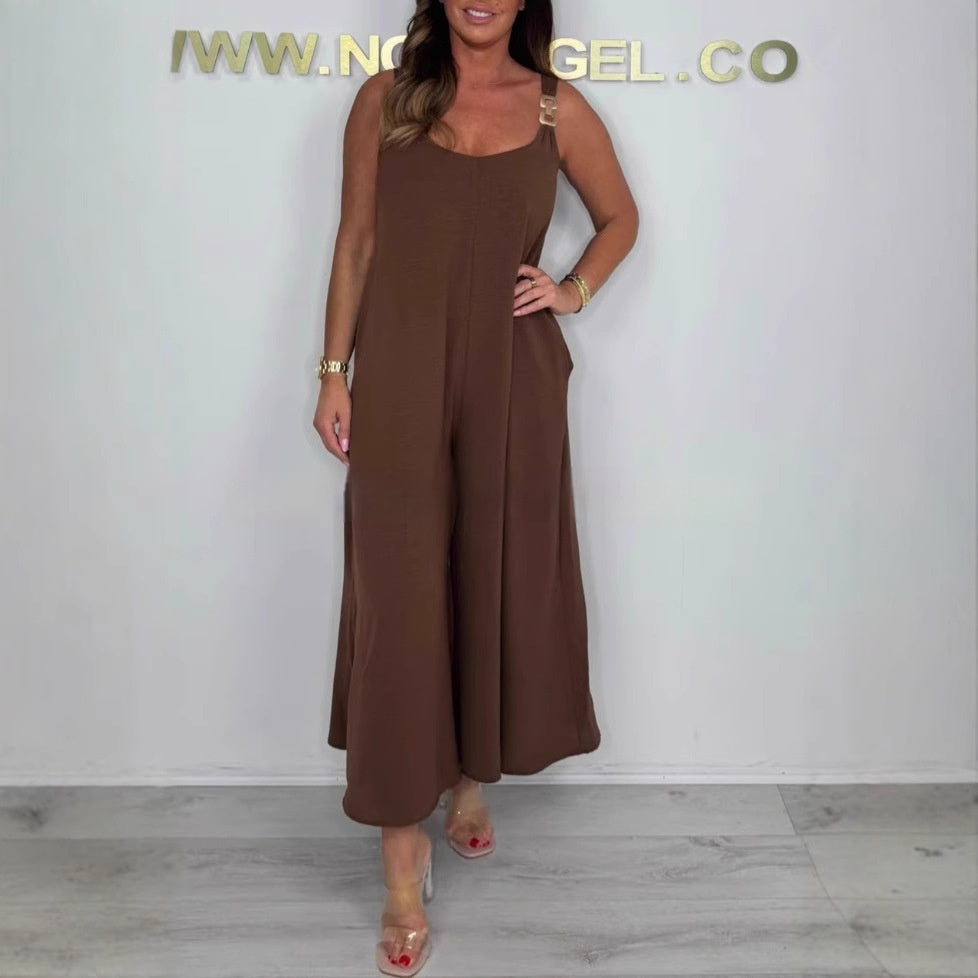 Solid Color Casual Sling Wide Leg Jumpsuit