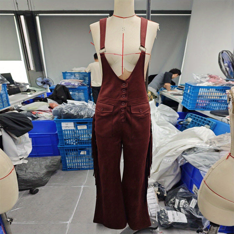 Women's Solid Color Fringe Wide-Leg Jumpsuit, Western Style Overalls With Pockets And Adjustable Straps And Button