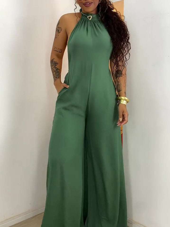 Green Halter-neck Backless Jumpsuit