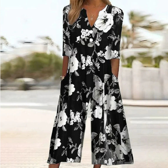 Spring And Summer Print Women's Pocket Collar Jumpsuit