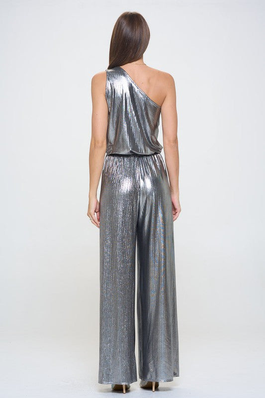 Metallic One Shoulder Wide Leg Jumpsuit