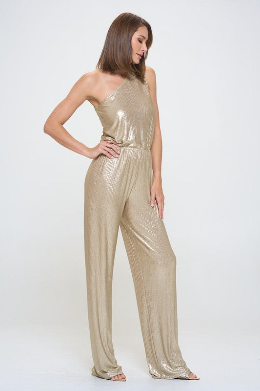 Metallic One Shoulder Wide Leg Jumpsuit