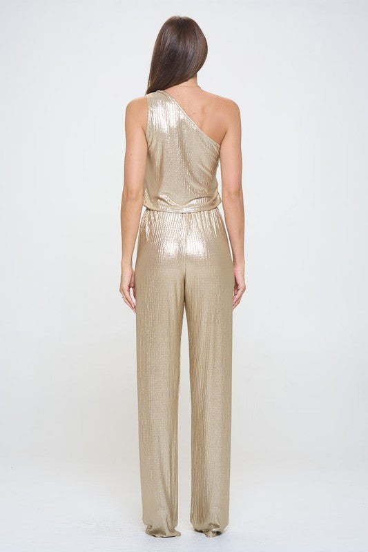 Metallic One Shoulder Wide Leg Jumpsuit