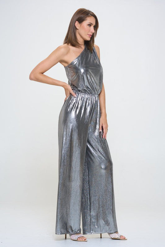 Metallic One Shoulder Wide Leg Jumpsuit