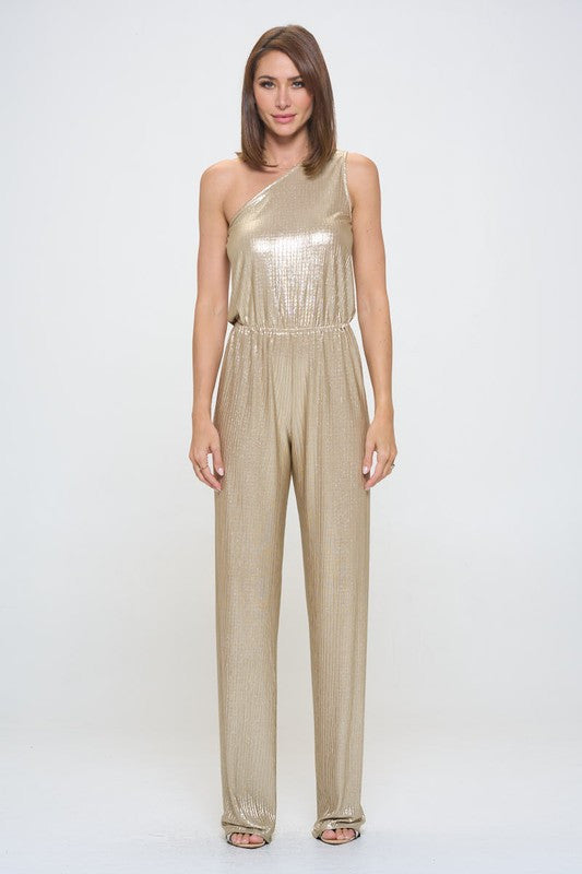 Metallic One Shoulder Wide Leg Jumpsuit