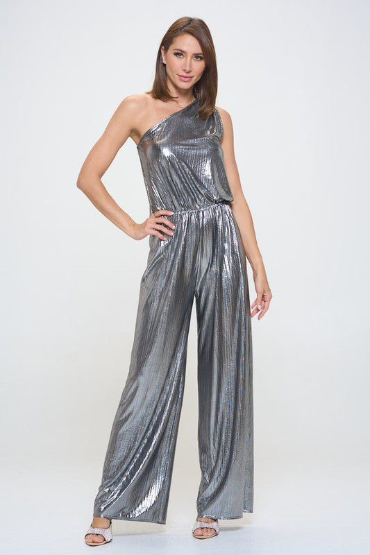 Metallic One Shoulder Wide Leg Jumpsuit