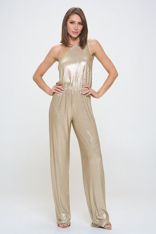 Metallic One Shoulder Wide Leg Jumpsuit