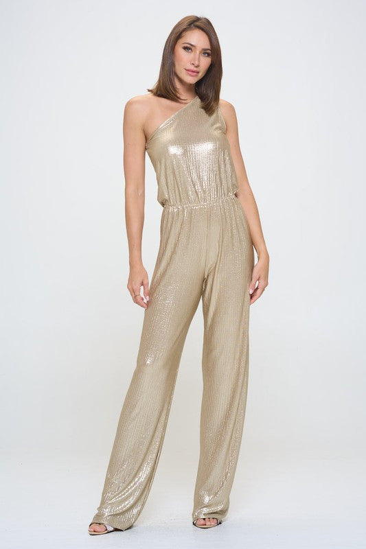 Metallic One Shoulder Wide Leg Jumpsuit