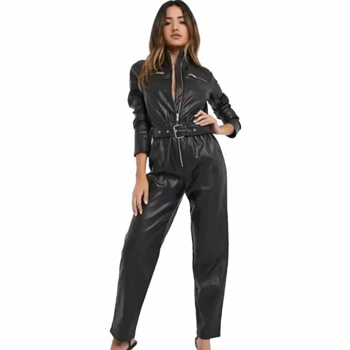 Women’s Black Sheepskin Leather Jumpsuit