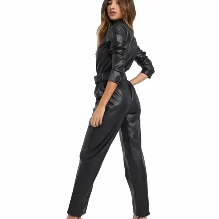 Women’s Black Sheepskin Leather Jumpsuit