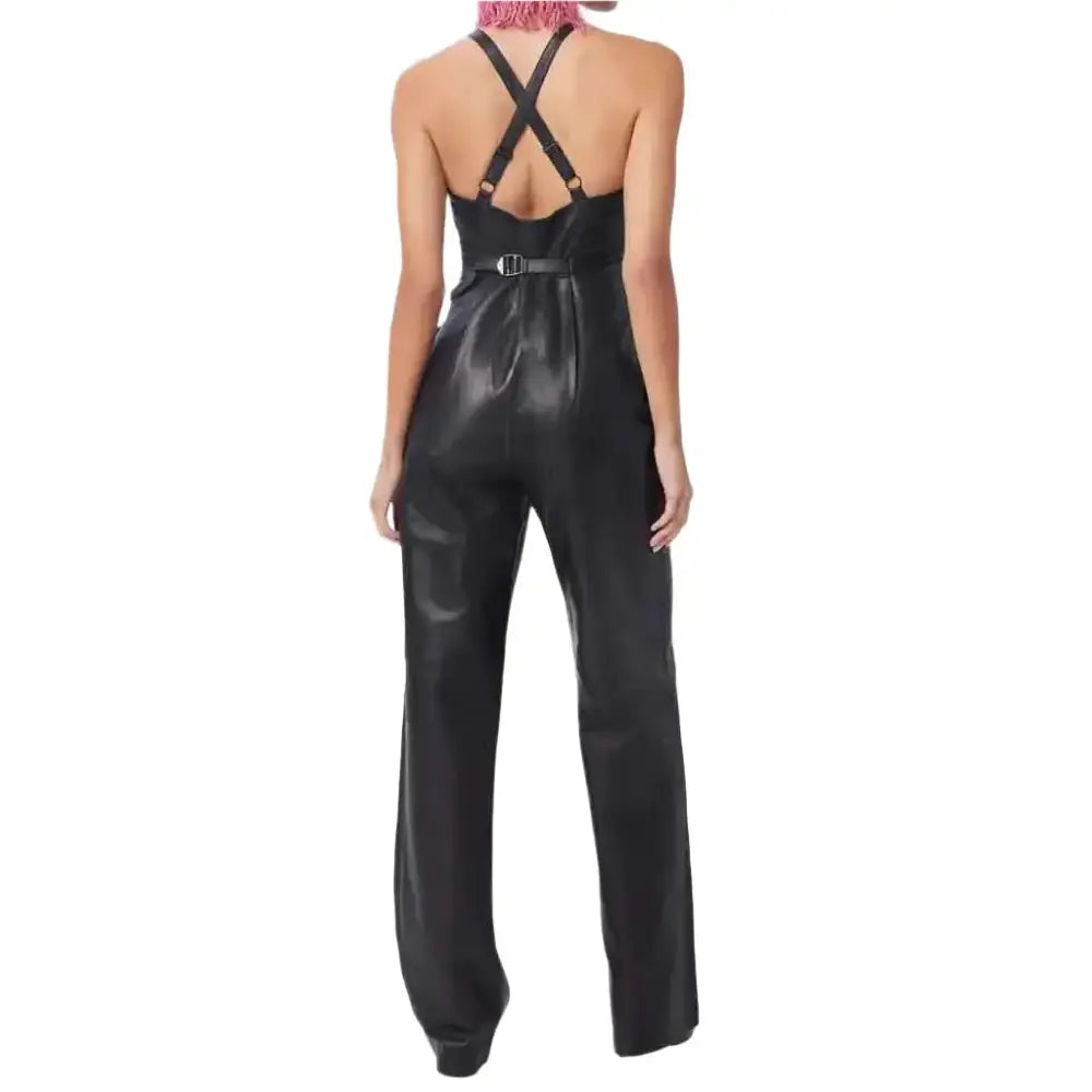 Women’s Black Leather Straight Leg Jumpsuit