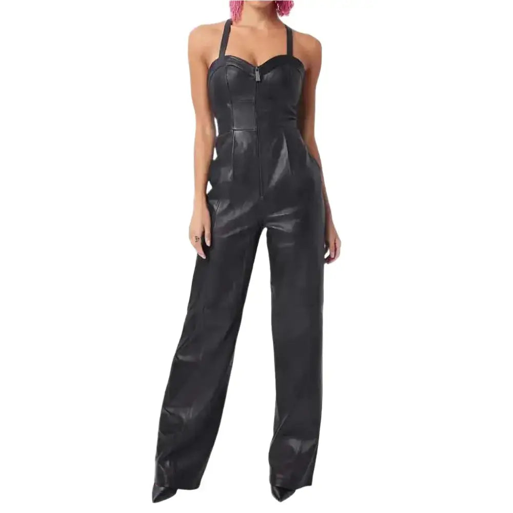 Women’s Black Leather Straight Leg Jumpsuit