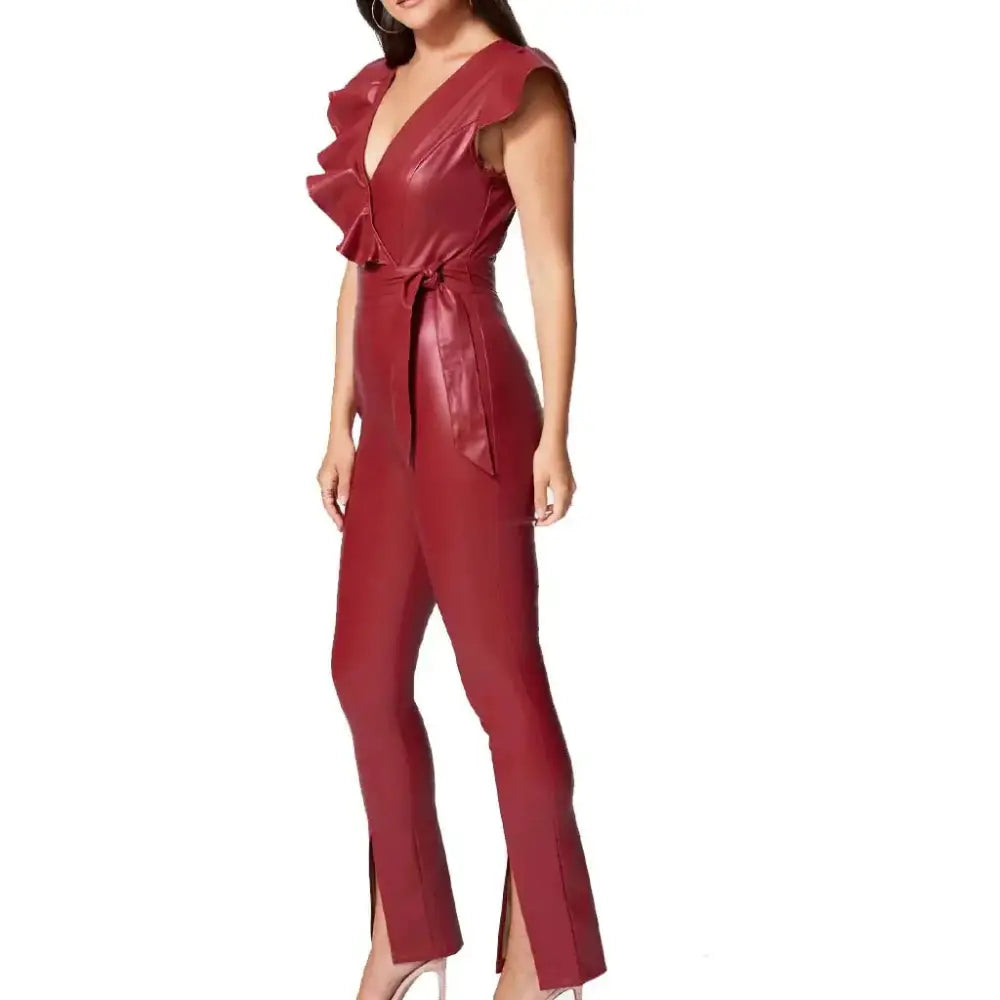 Women’s Ruffle-Detail Leather Jumpsuit