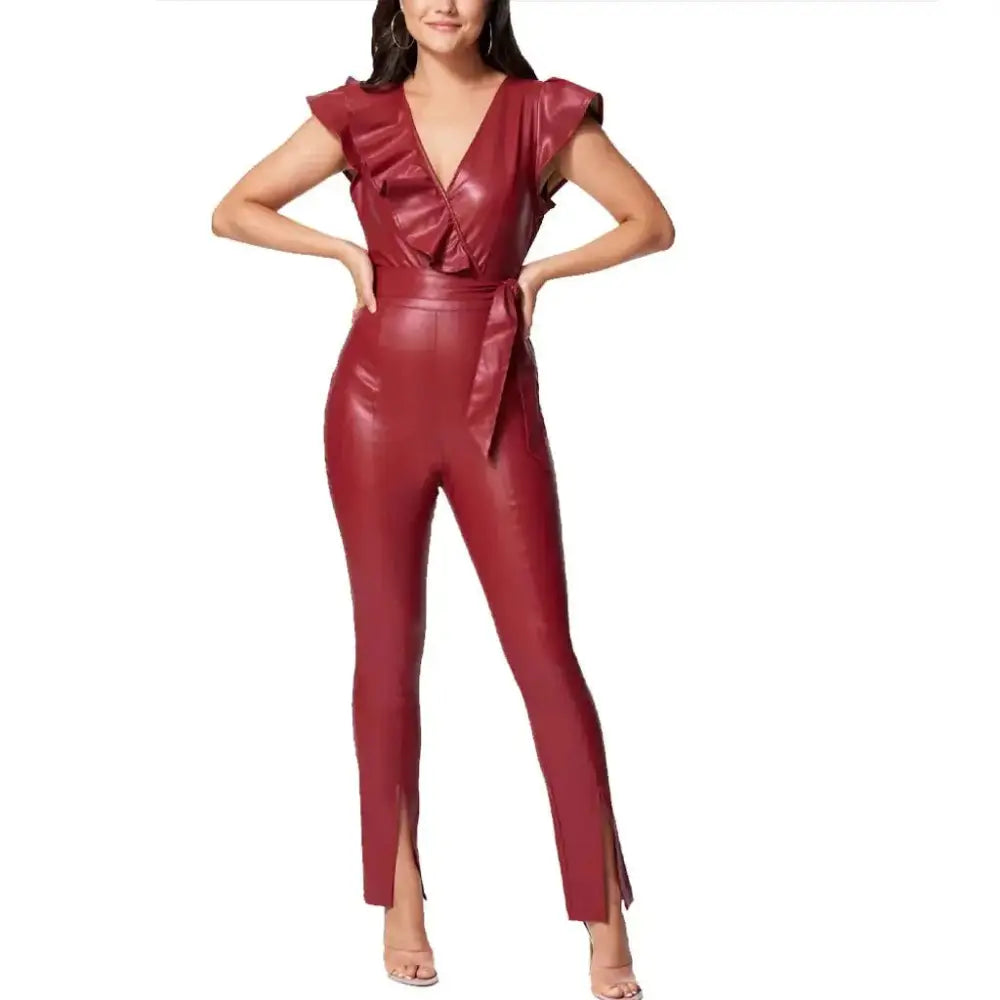 Women’s Ruffle-Detail Leather Jumpsuit